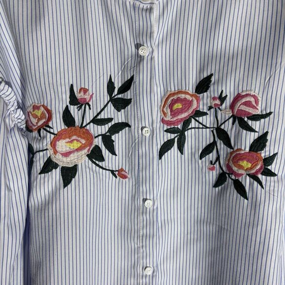 Sugar Lips Long Puff Sleeve Embroidered White with Stripe Button Down Shirt M - Picture 3 of 16